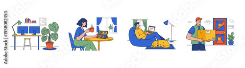 Flat Vector Remote Working and Delivery Lifestyle Illustration Graphic Set for Modern Freelance Business Theme