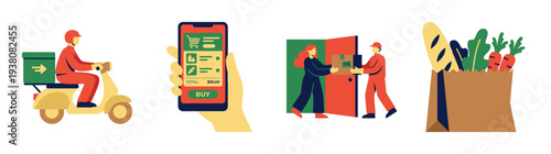 Flat Vector Grocery Delivery and Online Shopping Graphic Set for E-commerce Service Mobile Application Interface
