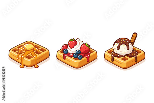 Three delicious waffles with different toppings: honey, berries, and ice cream