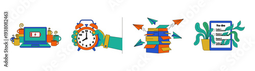 Flat Vector Productivity and Time Management Element Kit for Workplace Wellness and Efficiency