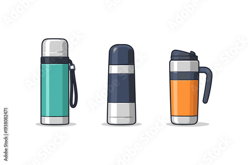 Collection of three modern thermoses and travel mugs with different colors and designs