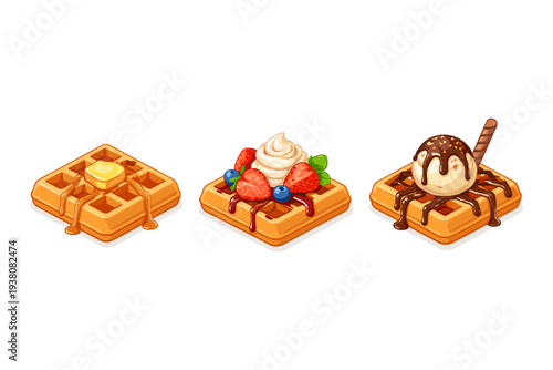 Three delicious waffles with different toppings, including butter, berries, and ice cream