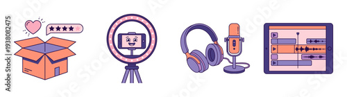 Flat Vector Content Creator Equipment Element Kit for Influencer Marketing and Social Media Production