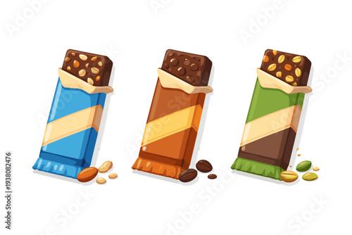 Three colorful snack bars with nuts and coffee beans scattered around them