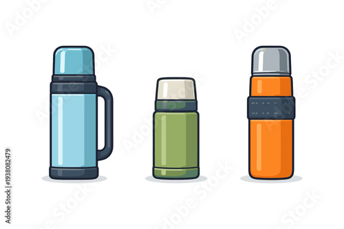 Three colorful thermoses for hot and cold beverages, isolated on white background