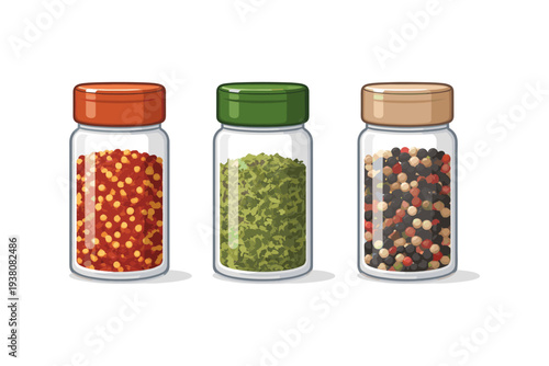 Three spice jars with red pepper flakes, dried herbs, and peppercorns on a white background