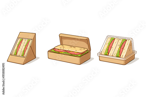 Three different types of sandwiches in takeaway packaging, cartoon style