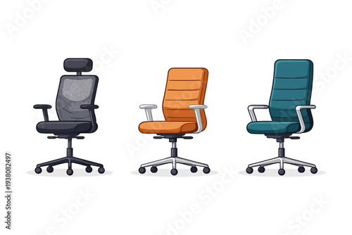 Three modern office chairs in different colors: black, orange, and teal