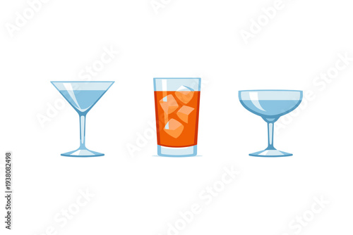 Three different types of cocktail glasses with drinks and ice cubes on a white background