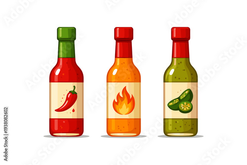 Three bottles of hot sauce with chili pepper, flame, and jalapeño labels