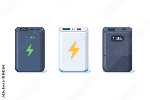 Three portable power banks with charging indicators and lightning bolt symbols displayed