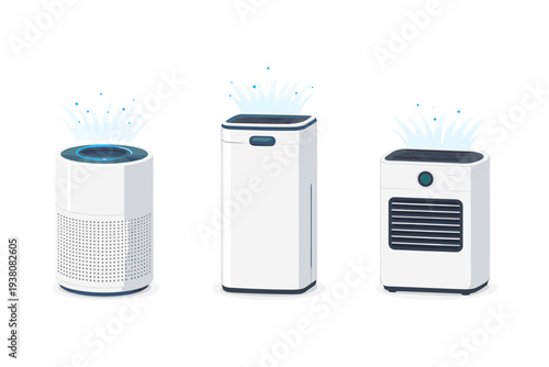 Three modern white air purifiers with blue light emitting clean air on a white background