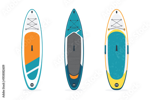 Three colorful stand-up paddleboards arranged side by side, viewed from above
