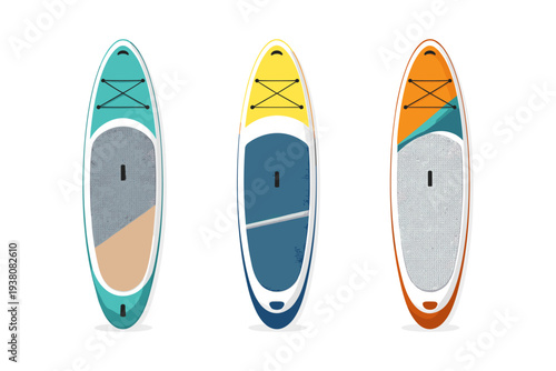 Three colorful stand-up paddleboards arranged side by side on a white background