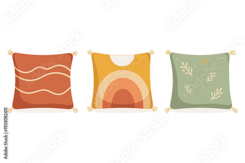 Three decorative boho pillows with tassels in warm earthy tones and abstract designs