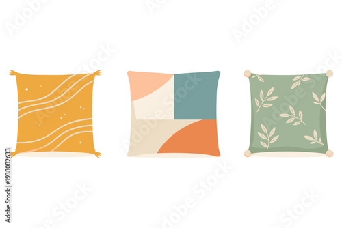Three decorative throw pillows with different modern abstract and botanical patterns