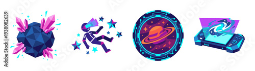 Flat Vector Sci-Fi Space Exploration Graphic Set for Futuristic Gaming and Virtual Reality Interfaces