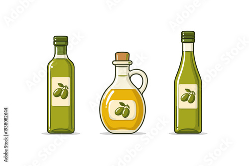 Three bottles of olive oil with olive branch labels, isolated on white background