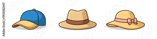 Collection of three distinct hats: baseball cap, fedora, and sun hat