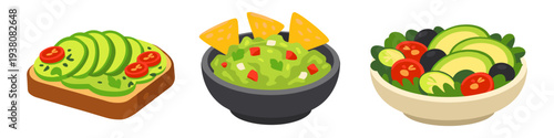 Avocado toast, guacamole with chips, and avocado salad in a simple illustration
