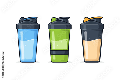Three colorful shaker bottles for protein shakes and supplements, isolated on white background