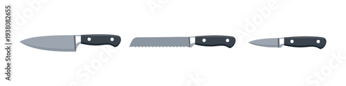 Collection of three kitchen knives with black handles on a white background