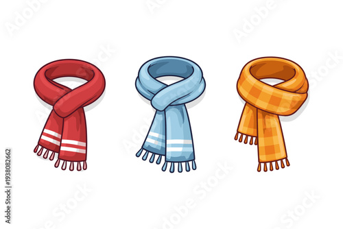 Three colorful cartoon scarves with fringes and stripes, isolated on white background