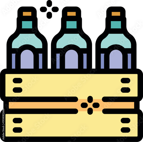 Three wine bottles arranged in a wooden crate