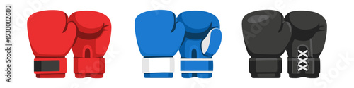Three pairs of boxing gloves in red, blue, and black colors on a white background
