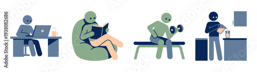 Flat Vector Daily Routine Activities Character Graphic Set for Wellness and Work Life Balance Content