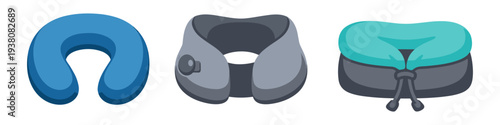 Collection of three different travel neck pillows in various colors and styles