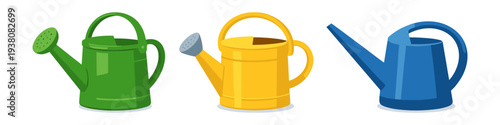 Set of three colorful watering cans for gardening and plant care