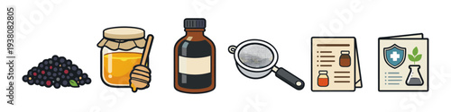 Elderberry syrup ingredients and preparation icons with health and science symbols