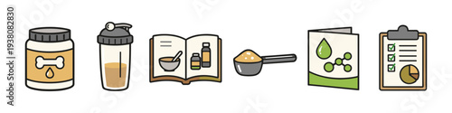 Collection of icons representing health supplements, recipes, and analysis tools