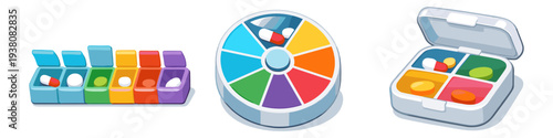 Collection of colorful pill organizers for daily medication management and health
