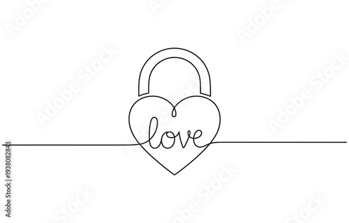 Continuous line drawing heart shaped lock. Love concept. Vector illustration.