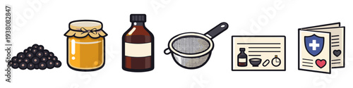 Illustration of ingredients and tools for making elderberry syrup for health benefits