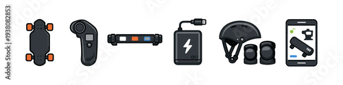 Electric skateboard accessories and components laid out for a complete setup
