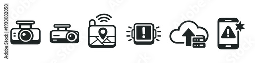 Collection of icons representing car technology, navigation, and alerts