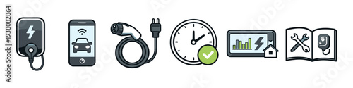 Electric vehicle charging icons: wallbox, app, cable, timer, dashboard, and manual