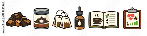 Collection of health and wellness icons including herbs, tea, and medical chart