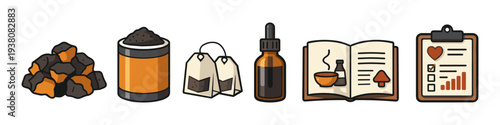 Collection of icons representing health and wellness ingredients and practices