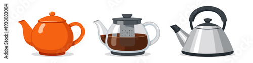 Three different types of teapots and kettles displayed side by side on a white background