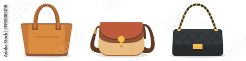 Collection of three stylish handbags in different designs and colors on a white background