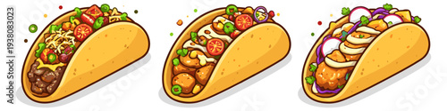 Three delicious tacos with various fillings and toppings, illustrated in a vibrant cartoon style