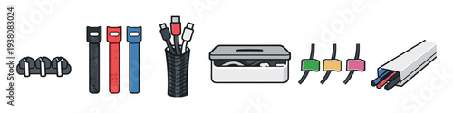 Various cable management accessories for organizing wires and cords neatly