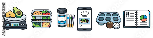 Healthy lifestyle icons showing meal prep, tracking, and fitness tools