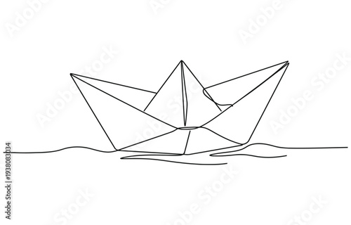 Paper boat in the sea one line art drawing, One continuous line drawing of paper boat.