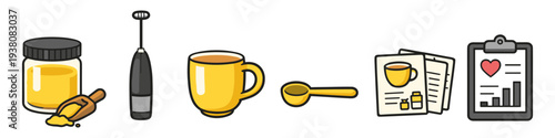 Set of icons representing ingredients and preparation for a healthy beverage or supplement
