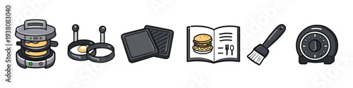 Collection of cartoon kitchen appliances and cooking tools for making breakfast